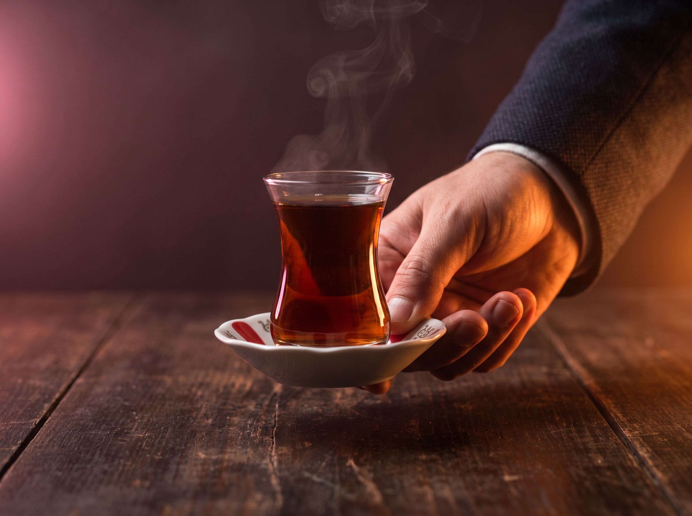 Eine Hand reicht ein Glas Çay über den Tisch
